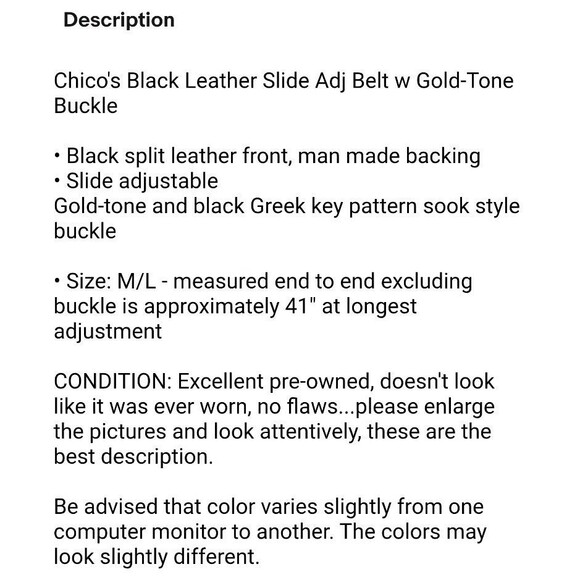 Chico's Black Leather Slide Adj Belt w Gold-Tone Buckle  Size M/L  Art Deco - Picture 9 of 9